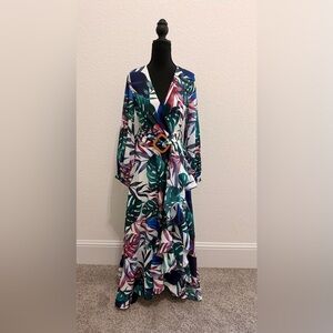 Elegant Multicolor Leaf Print Maxi Dress Asymmetrical Hem w/ Belt-BOHO CHIC